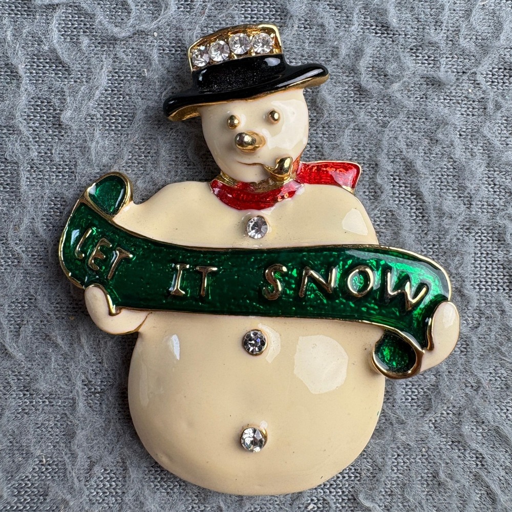 Vintage Snowman Brooch Let It Snow Enamel Rhinestone Holiday Christmas Pin Gold